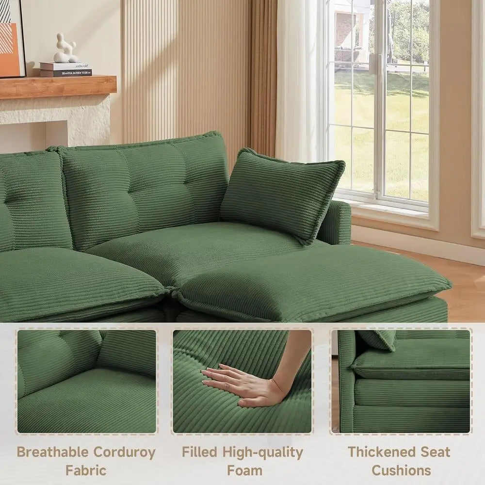 U-Shaped Corduroy 3-Seater Sofa with 2 Ottomans, Green Deep Seating Living Room Sectional