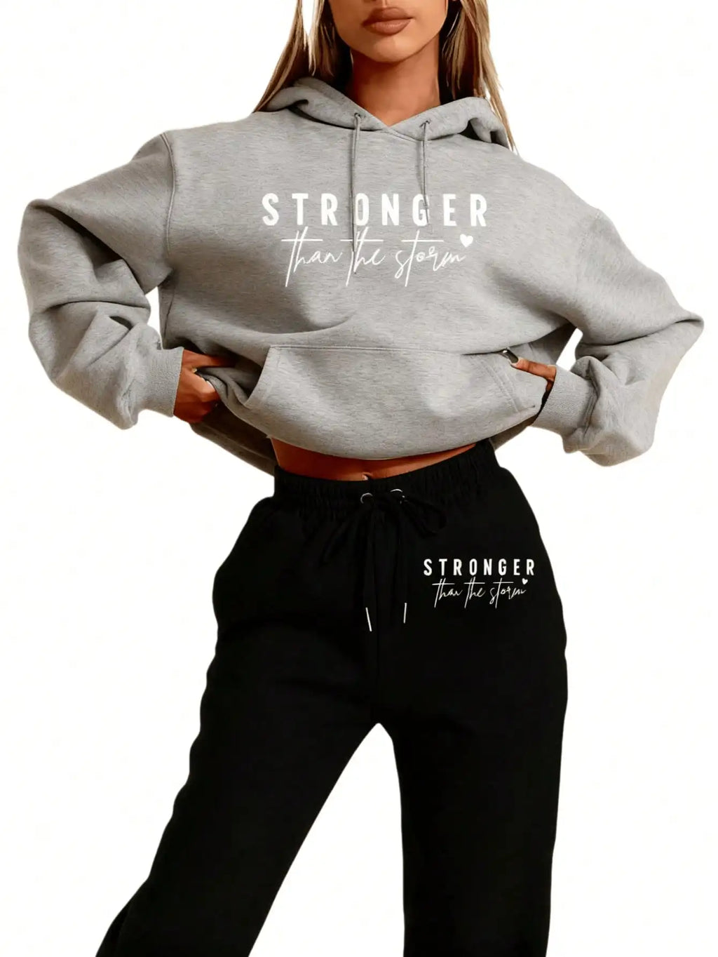 LC Women's Casual- 'Stronger Than The Storm' Letter Print Hoodie, White, Loose Fit With Pockets,