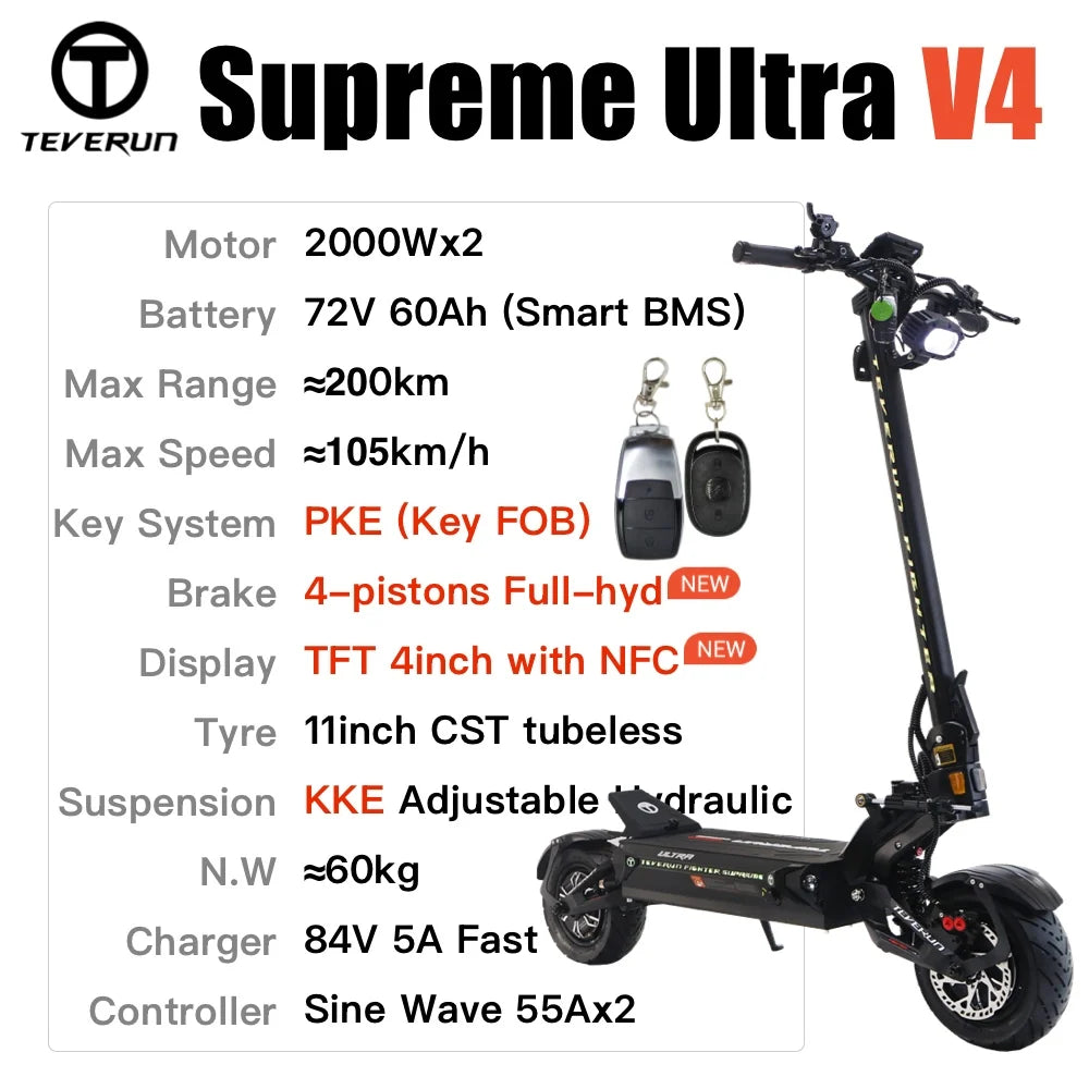 TEVERUN For Supreme Ultra V4 4000W 2000W*2 Dual Motor 72V 60Ah Battery 11inch Tire 4inch Display PKE Four-Piston Brake System
