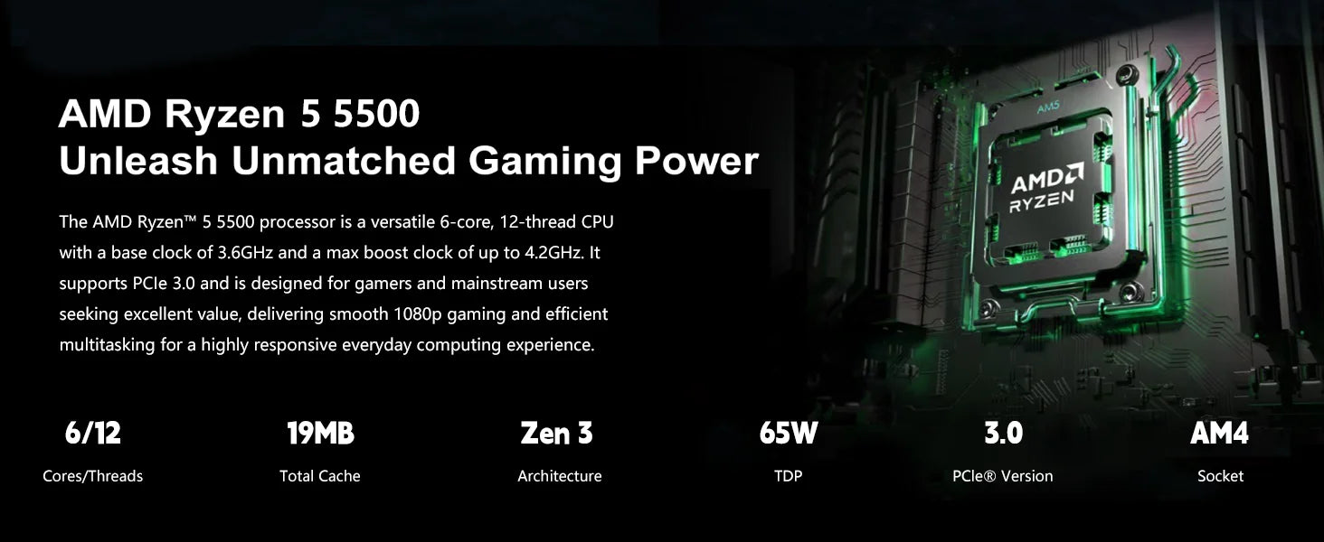 Mloong Gaming PC Desktops AMD Ryzen5 5500, Radeon RX 6500XT 4GB, 1TB SSD, 16GB RAM, 650W, Win11, WiFi, Black