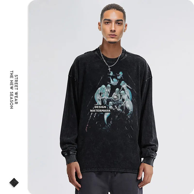Anime Griffith Sweater Oversized Vintage Washed B -Berserk Long Sleeve T Shirt Manga Guts Pullover Zodd Sweatshirts 100% Cotton