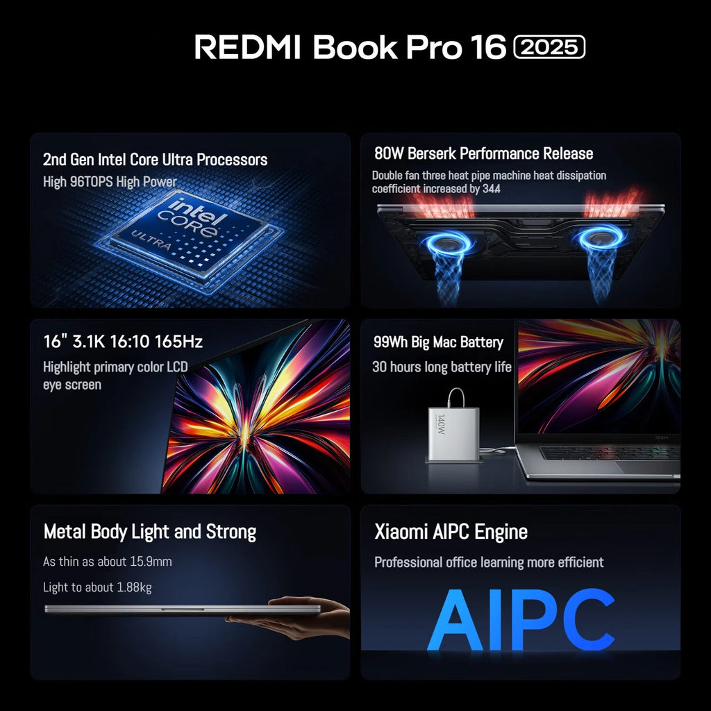 Xiaomi Redmi Book Pro 16 Laptop Intel Ultra 7 255H/Ultra 5 225H 32G 1T SSD 3.1K 165Hz/2.5K 120Hz Office Ultrabook Notebook