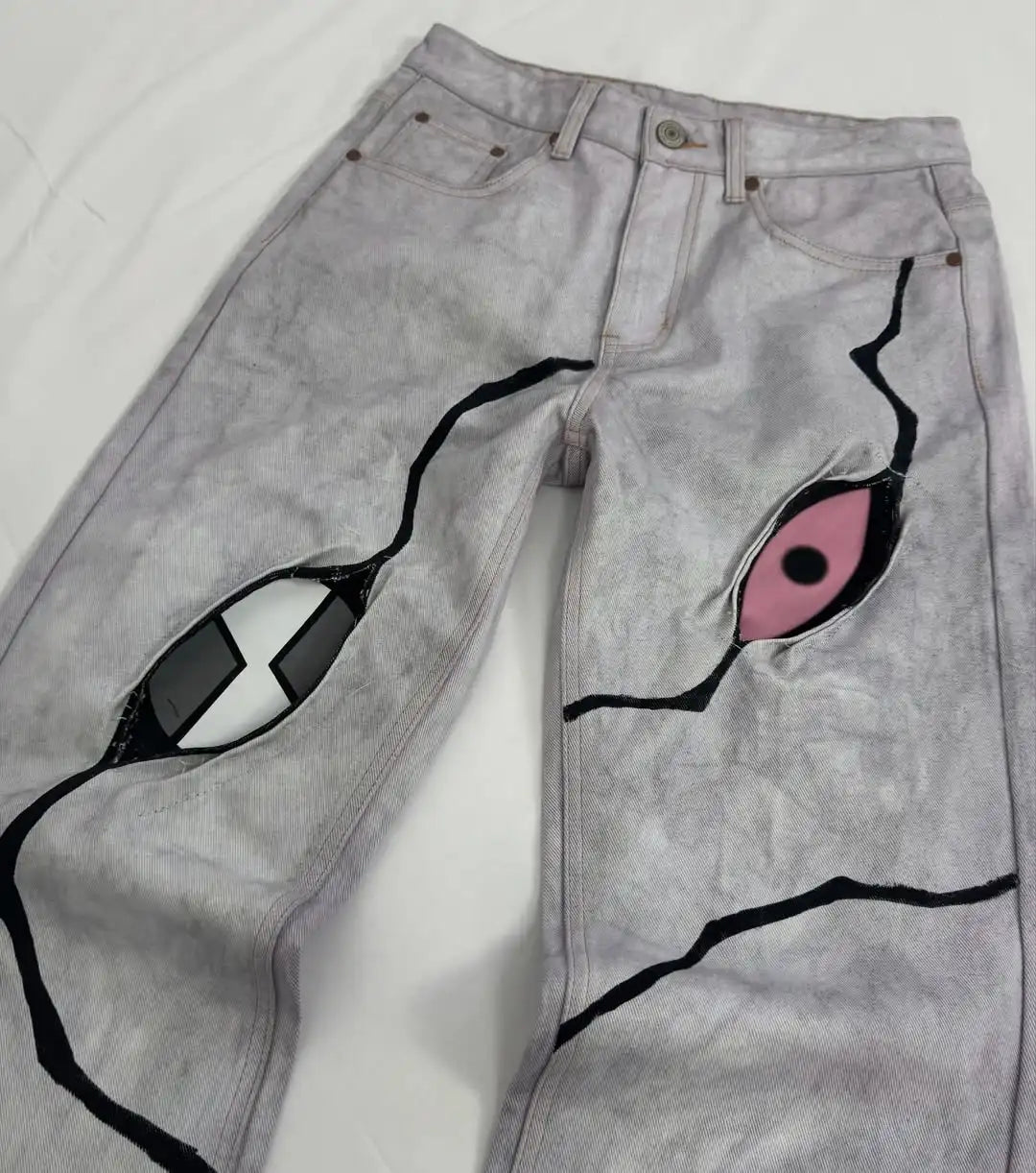 Hip Hop Street Denim Pants, Retro Anime Patterns, Patchwork Embroidery, Men's and Women's Straight Leg Jeans