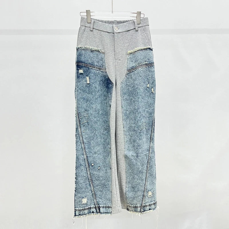 HKSH Spring Autumn New Men Trend Ripped Frayed Denim Patchwork Jacket Elastic Waist Wide-Leg Pants Fashion Two-Piece Set HK16899
