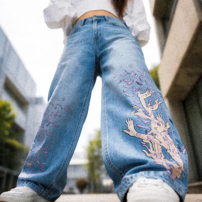 Anime Graphic Wide Leg Jeans Men Streetwear Hip Hop Baggy Denim Pants Harajuku Y2K Loose Straight Trousers Women Unisex Print