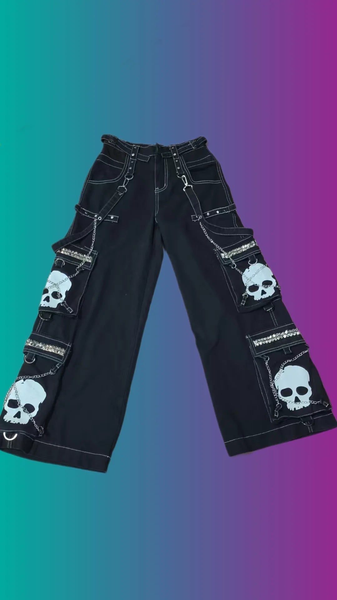 Street fashion chain brand Skull Bone Design jeans retro Harajuku style men's wide leg pants street rock multi-chain loose pants