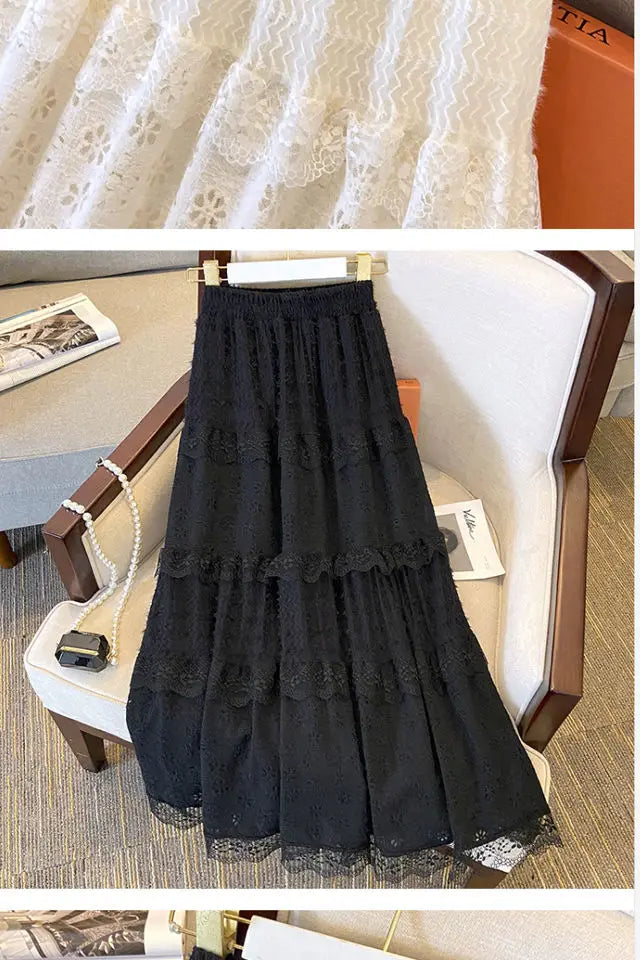 Lace Skirts Women French Style Ankle-length High Elastic Waist Hollow Out Patchwork New Loose Slim Korean  A-line Sweet Fit