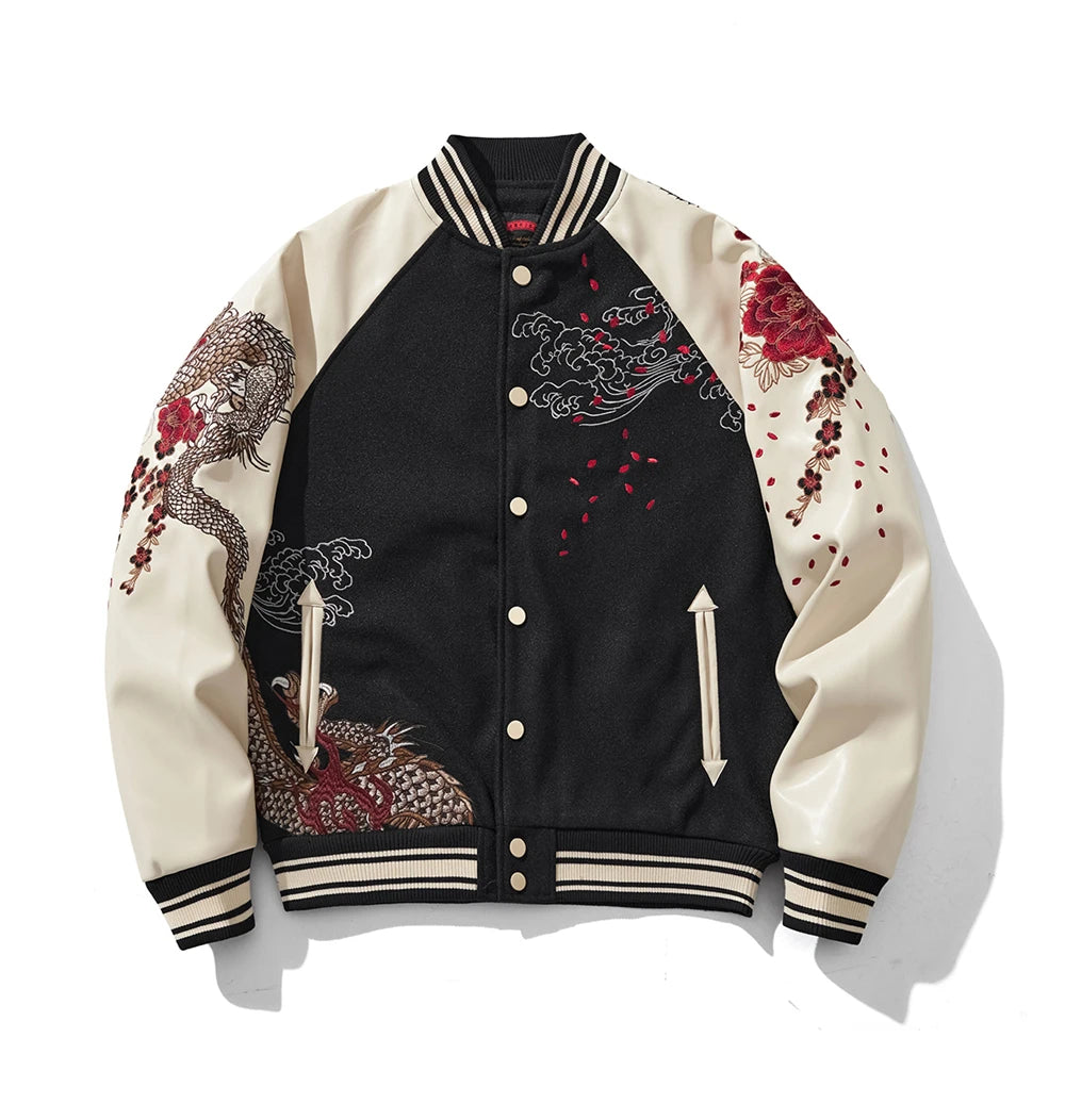 Streetwear Japanese Sukajan Souvenir Baseball Jacket 2025 Autumn Chinese Dragon Embroidered Woolen Patchwork Jacket Coat