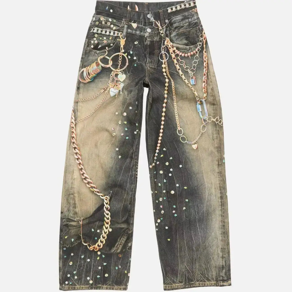 men and women retro little bear digital prints jeans baggy fit