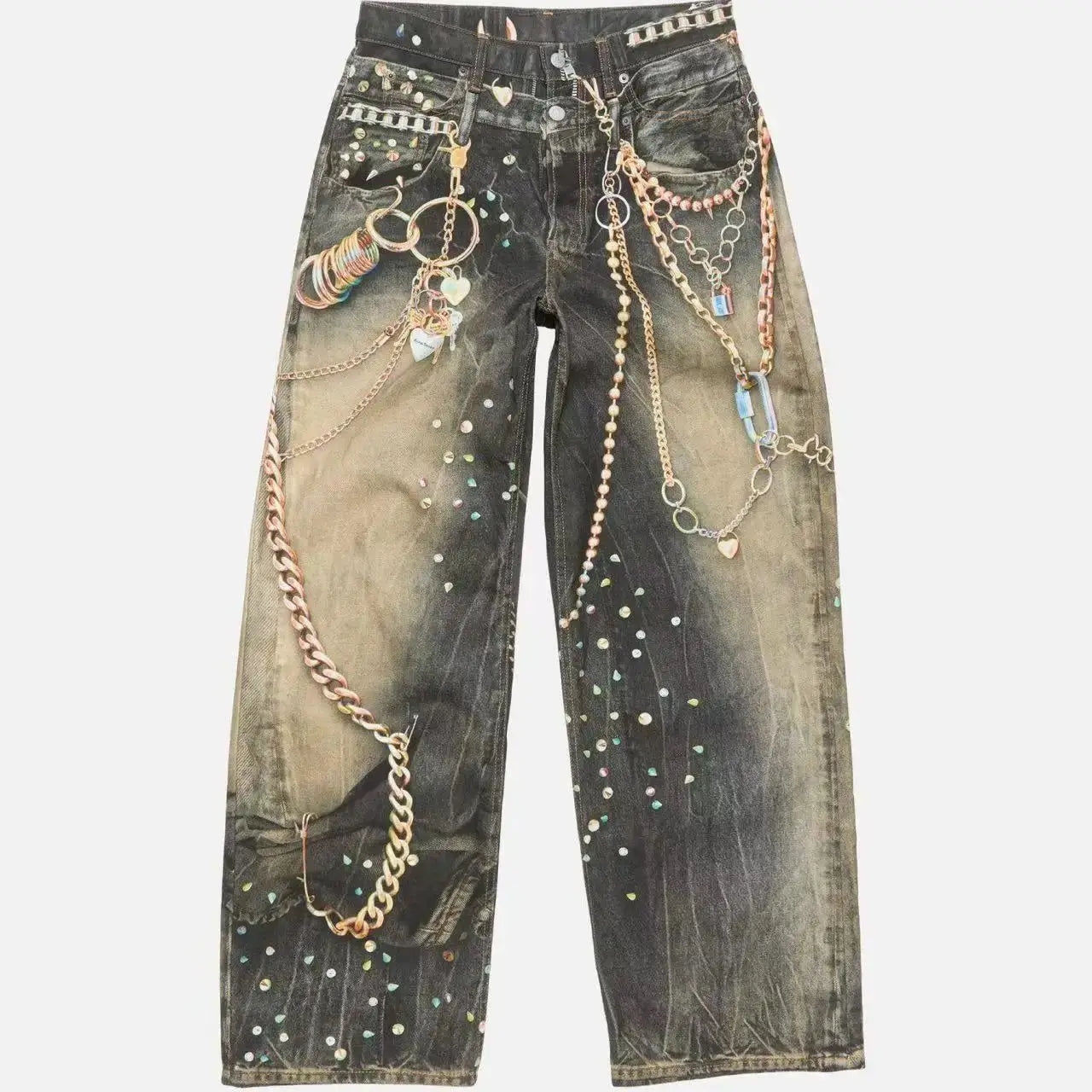 men and women retro little bear digital prints jeans baggy fit