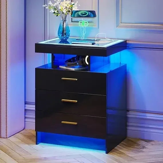 D06Modern Bedside Table 2 Set Nightstands with Wireless Charging Station, Auto Sensor 3 Color Dimmable LED Night Stand