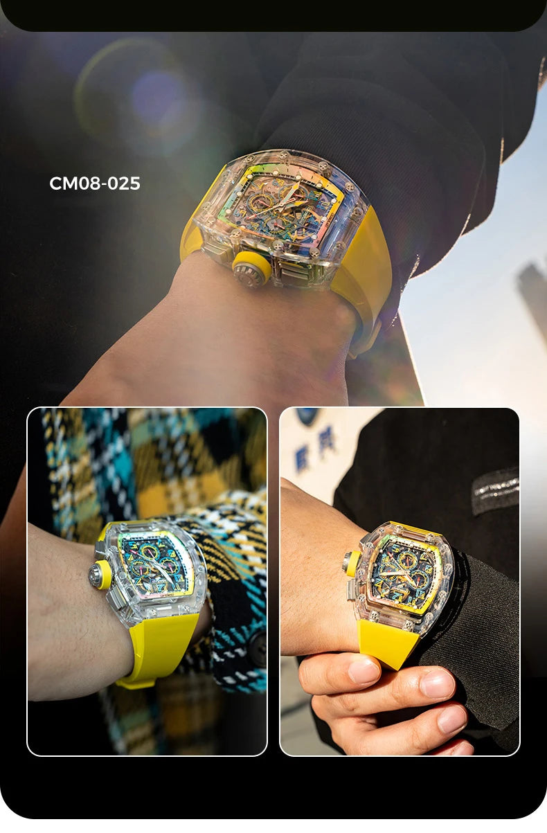 CRONUSART Men Chronograph Watch Tonneau Mechanical Wristwatch Sapphire Case & Mirror Luminous FKM Strap Skeleton Dial