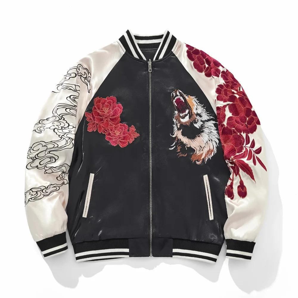 Fashion Anime Lion Flower Embroidered Zipper Jacket Streetwear Hip Hop Men's Harajuku Japanese Baseball Coat Bomber Jacket