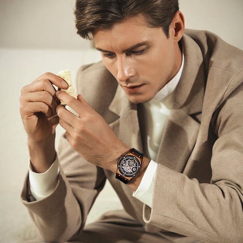 Haofa Manual Tourbillon Movement Watch for man Sapphire Mechanical Bronze Case Carbon Fiber Bezel Mens Watch Day And Night 1915T