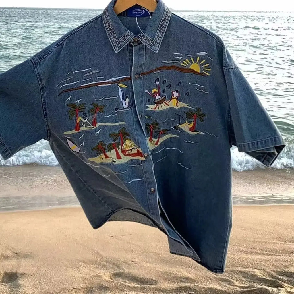 Retro American Cartoon Embroidery Denim Short Sleeve Shirt Loose Casual Summer Thin Neutral Style Men Women Outerwear
