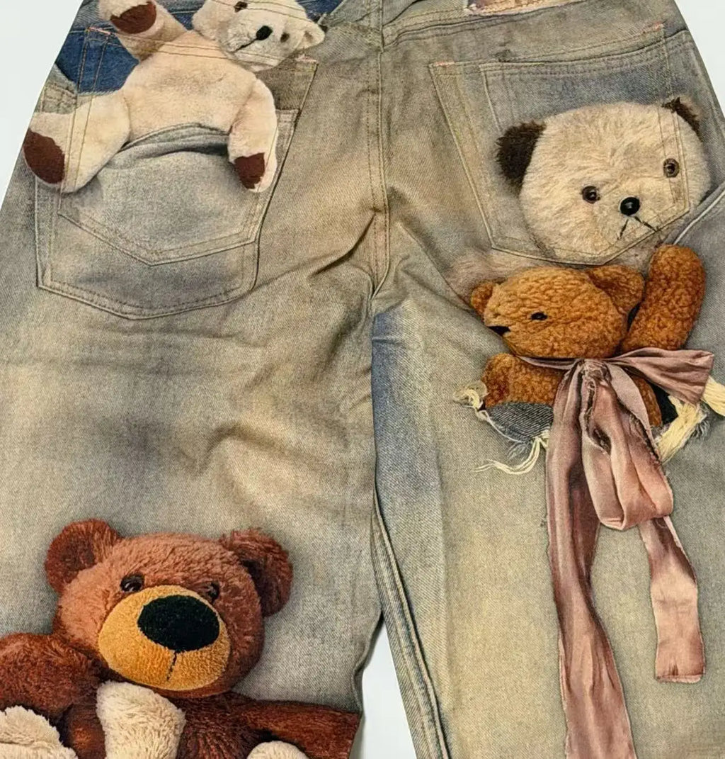 men and women retro little bear digital prints jeans baggy fit