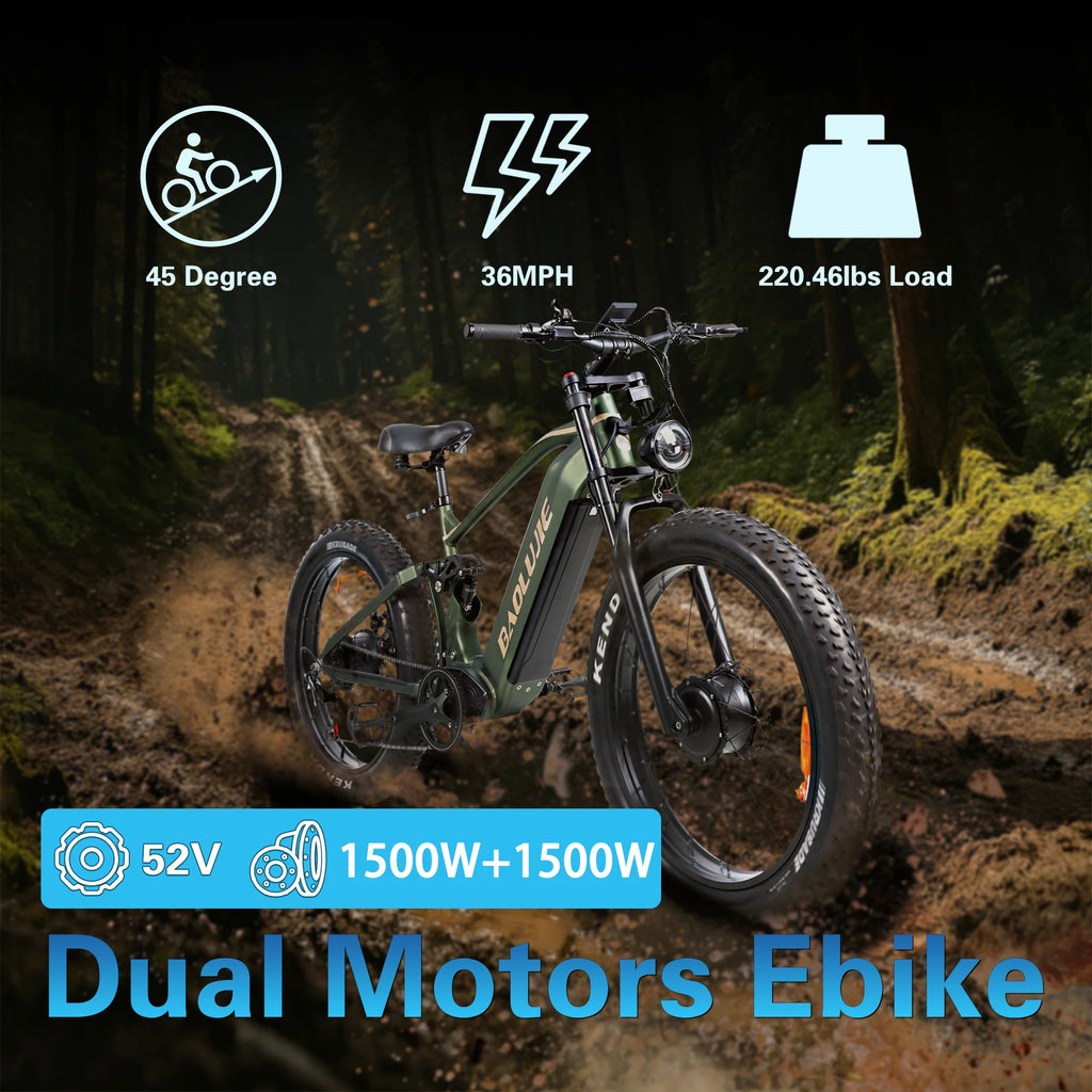 BAOLUJIE Peak 5000W Electric Bicycle Motor Electric Bike 26*4 Inches Tire Mountain E-bike 52V 23Ah Battery 36MPH Full Suspension