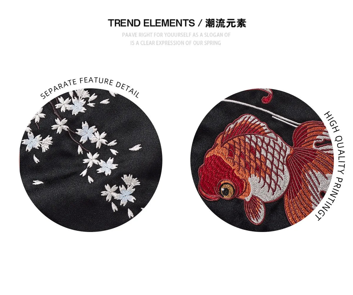 Cherry Blossom Embroidered Jacket Boys Top Spring and Autumn Japanese Sukajan Koi Fish Sakura Embroidered Satin Bomber Jacket