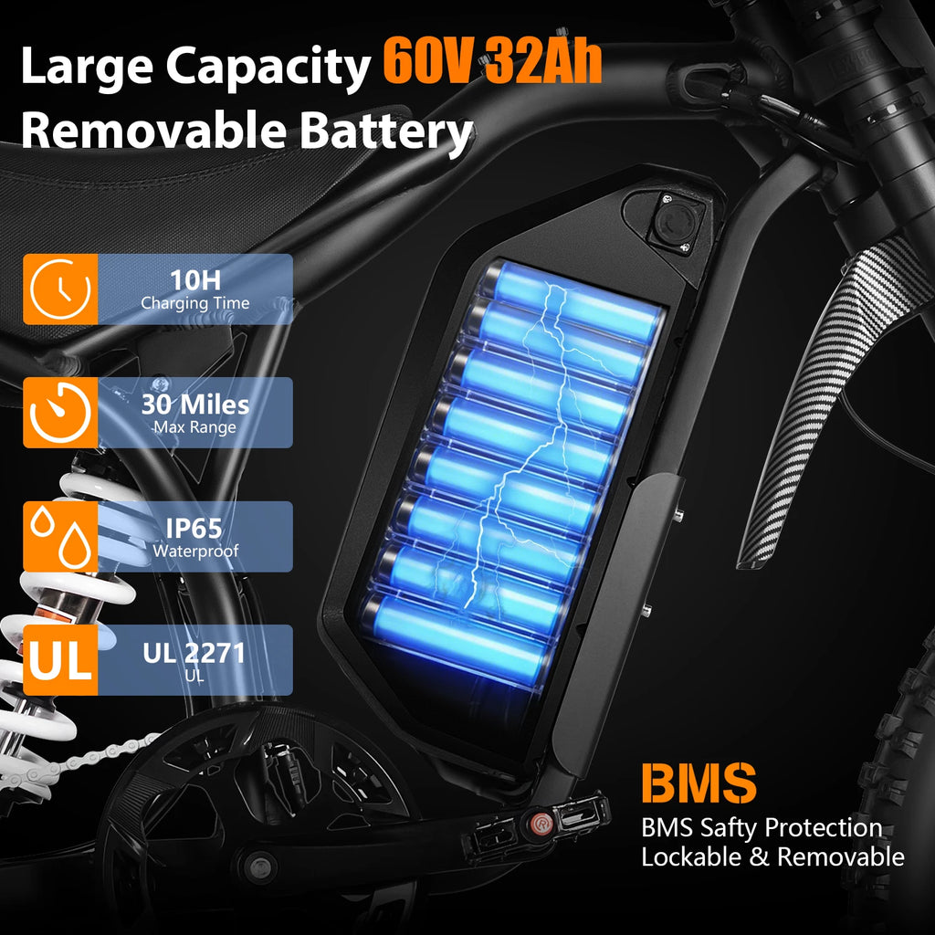JECHAM QF200 Electric Bike For Adult 3000W Mountain Off-Road Motorcycle 60V 32Ah Battery 19*3.0 Inch Fat Tire E-bike Bicycle