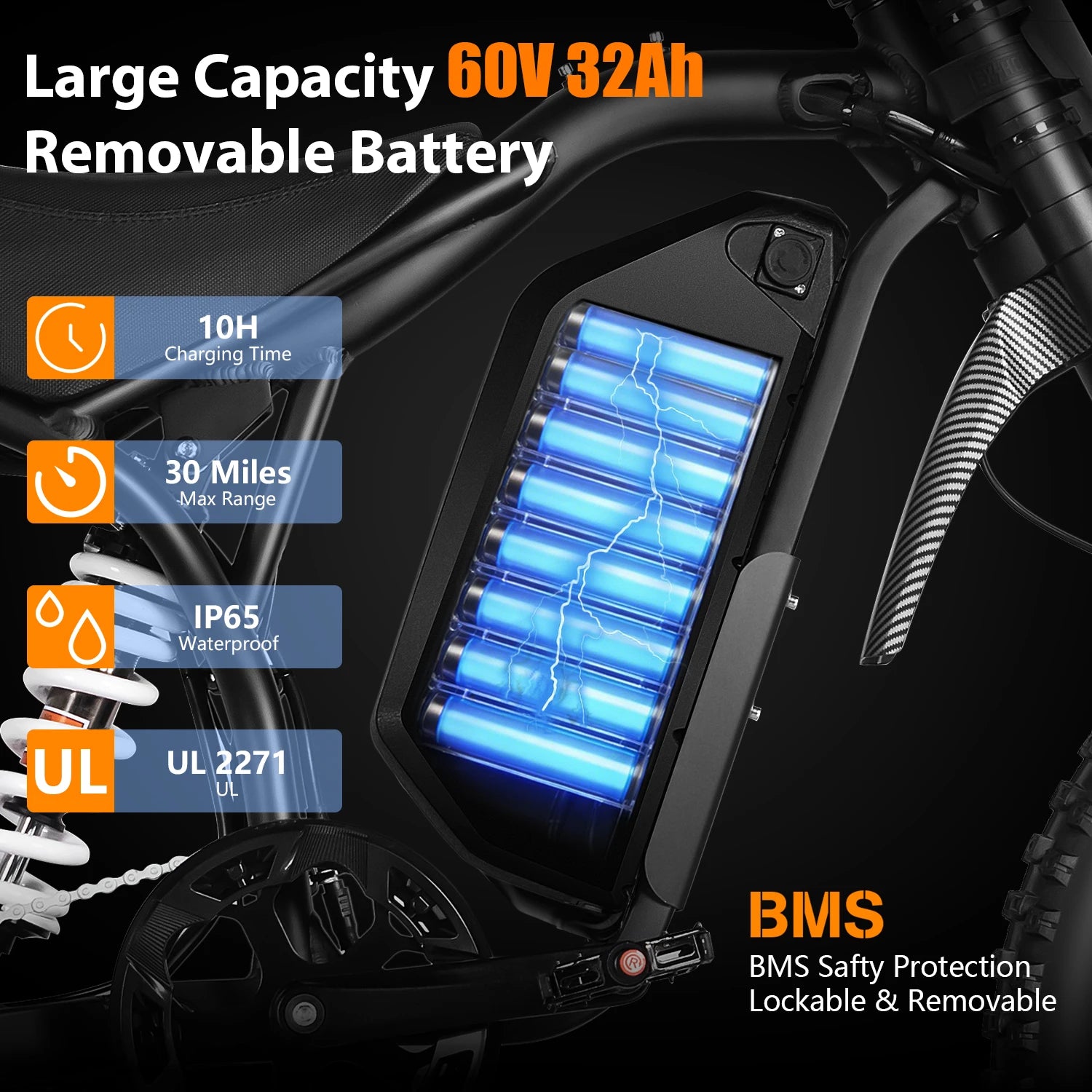 JECHAM QF200 Electric Bike For Adult 3000W Mountain Off-Road Motorcycle 60V 32Ah Battery 19*3.0 Inch Fat Tire E-bike Bicycle