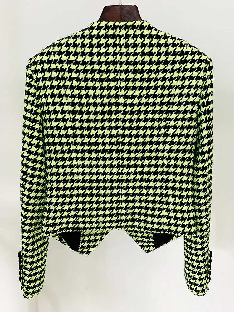 HIGH STREET Newest 2026 Fashion Designer Women's Lion Buttons Logo Beaded Houndstooth Tweed Jacket