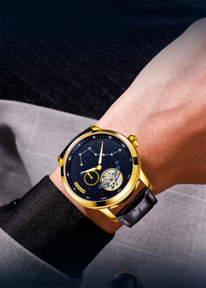 Shanghai Watch Carousel Manual Winding Mechanical Watches Luxury Men's Wristwatch Rotating Dial Luminous Waterproof Watch 6813J