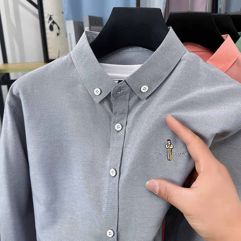 Light luxury fashion men's long sleeve shirt brand cartoon embroidery high-quality business casual solid color golf lapel top