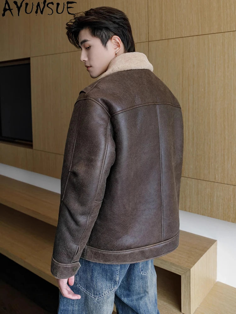AYUNSUE Natural Sheepskin Fur Coat Men Autumn Winter New Short Real Wool Man Vintage Leather Jacket Motorcycle Fur Coats Jackets