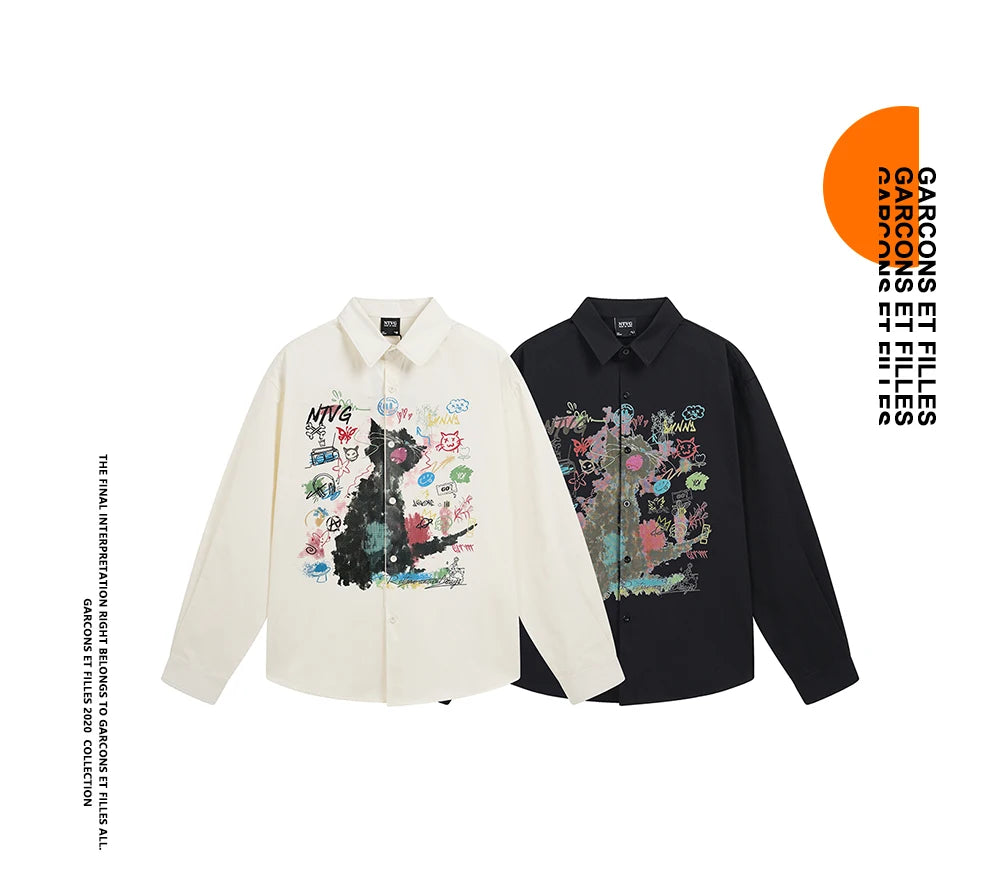 Kawaii Cat Print Men's Shirts Y2k Long Sleeve Shirt Anime Tops Oversized T Shirt Korean Popular Japanese Style Designer Clothing
