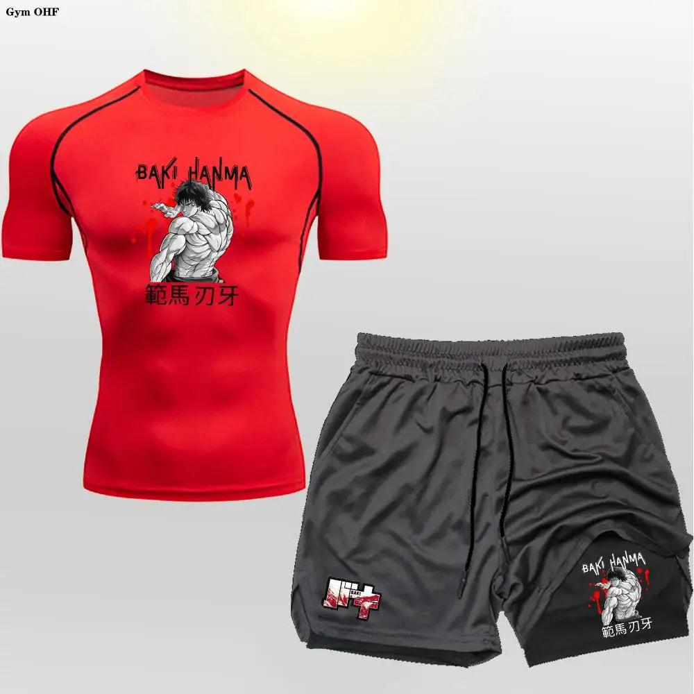 Anime Baki Sport Suits Runing Compression Shirt Shorts Sets Gym Fitness Jogging Training Rashguard Sportwear 2 in 1 Mens