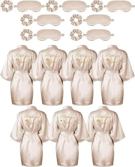 21 Pcs Women Birthday Party Robe Set Queen Squad Kimono Satin Bathrobes with Eye Mask and Scrunchie for Birthday