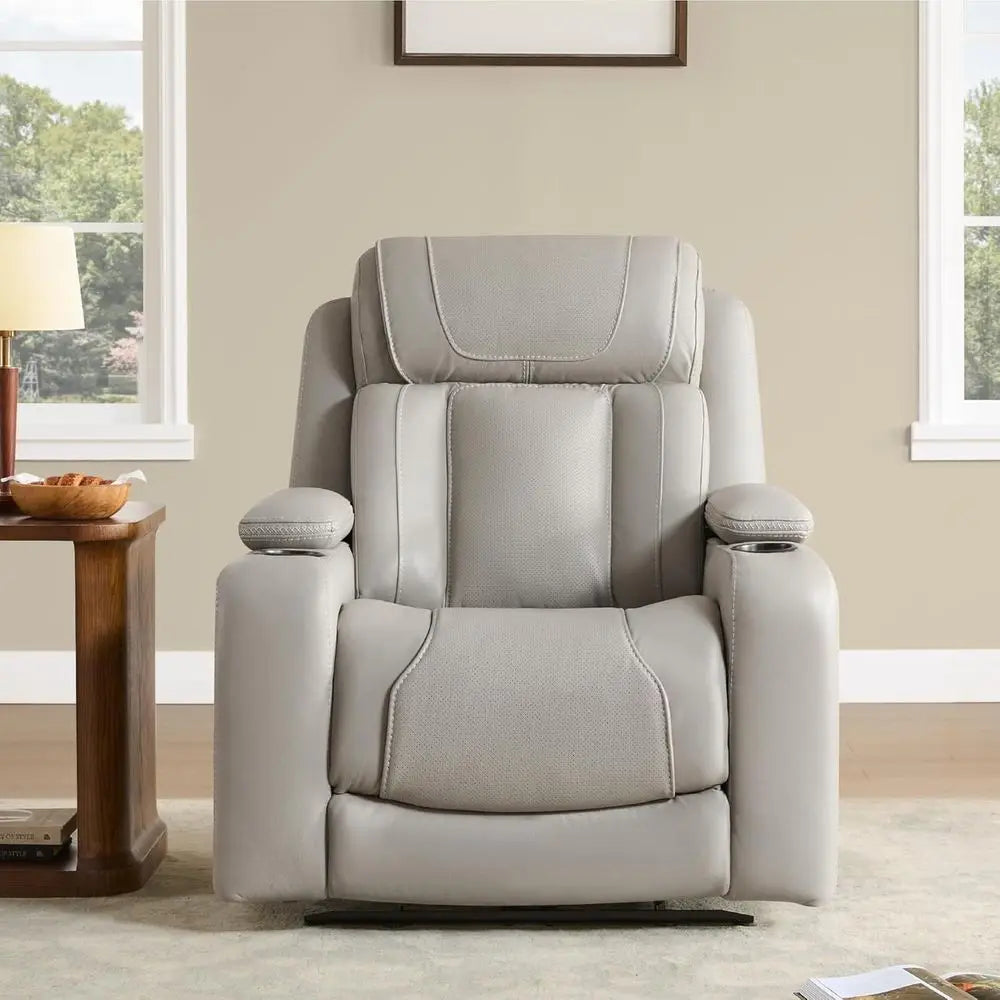 Oversized Genuine Leather Electric Recliner Chair with Power Adjustable Rest and Lumbar Support, Hidden Storage, Light Grey for