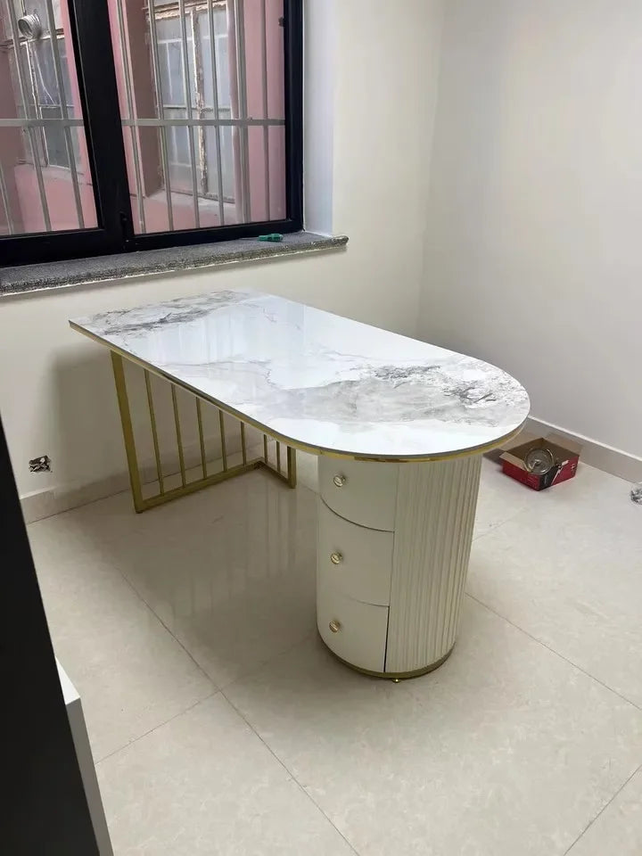 Modern White Executive Office Desk Wooden Computer Table with Gold Metal Legs Home Office Study Writing Workstation