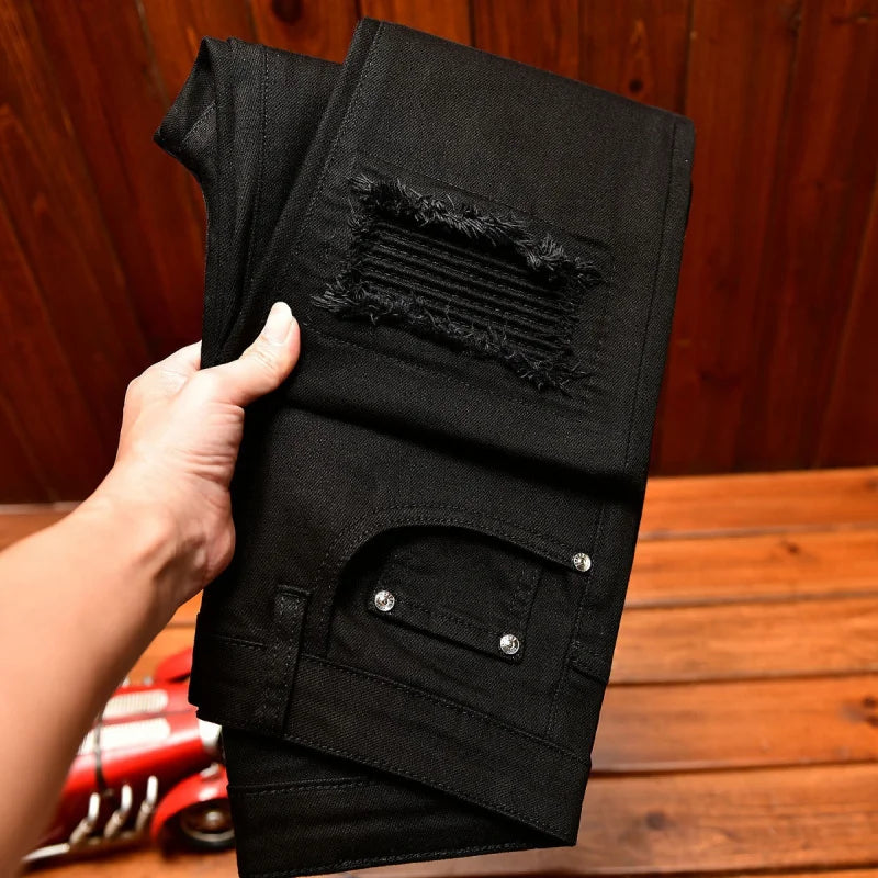 High end high street ripped patch design black jeans for men in autumn, slim fit American style trendy pants with small feet