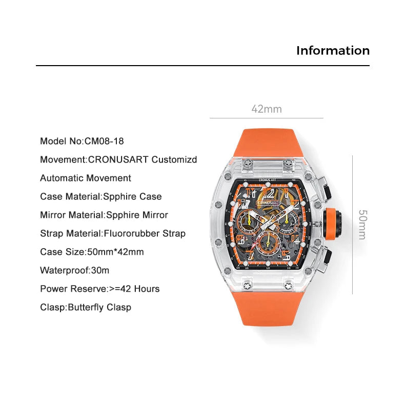 CRONUSART Men Chronograph Watch Tonneau Mechanical Wristwatch Sapphire Case & Mirror Luminous FKM Strap Skeleton Dial