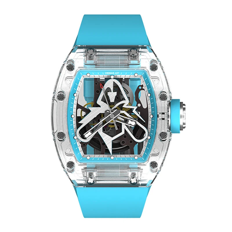 CRONUSART Men Automatic Watch 50mm Tonneau Mechanical Wristwatch Sapphire Case & Mirror Luminous Fluororubber Strap Skeleton