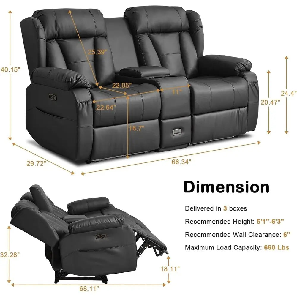 Loveseat Recliner Sofa, Home Theater Seating with ConsoleReclining Loveseat Sofa RV Couch with LED Lights, Cup Holders, USB, Dr