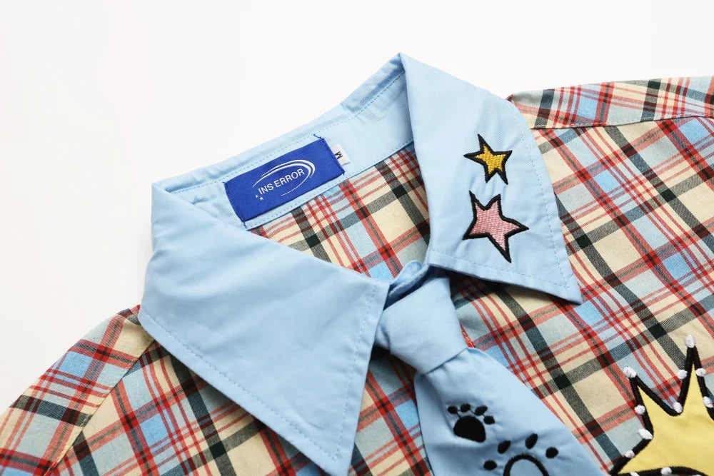 Cartoon Embroidery Short Sleeve Checked Shirt Mens Summer Retro Casual Spliced Lapel Single Breasted Half-Sleeve Plaid Shirts