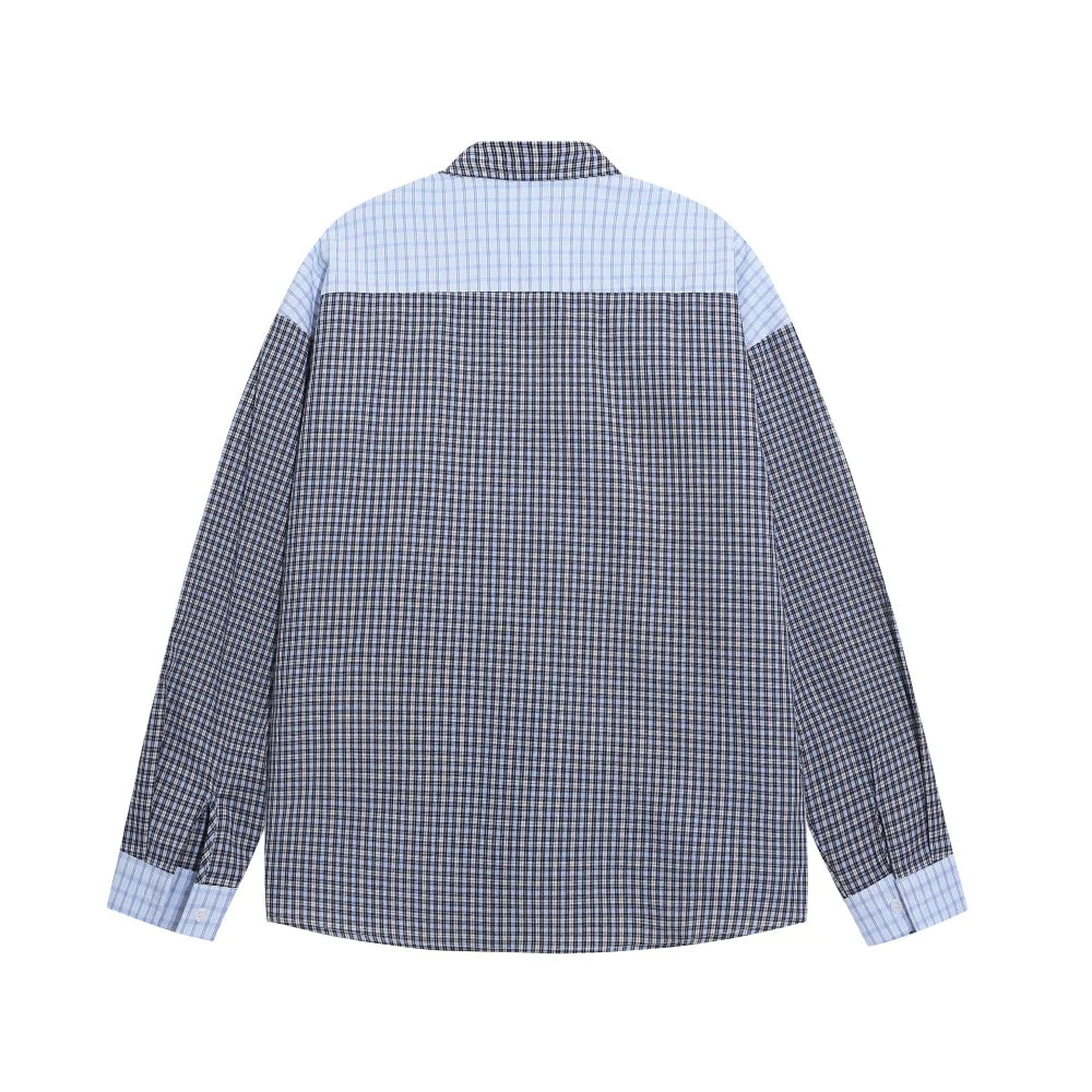 Plaid Patchwork Long Sleeve Shirts Mens Cartoon Embroidery Spring Retro Casual Loose Lapel Single Breasted Shirts Man