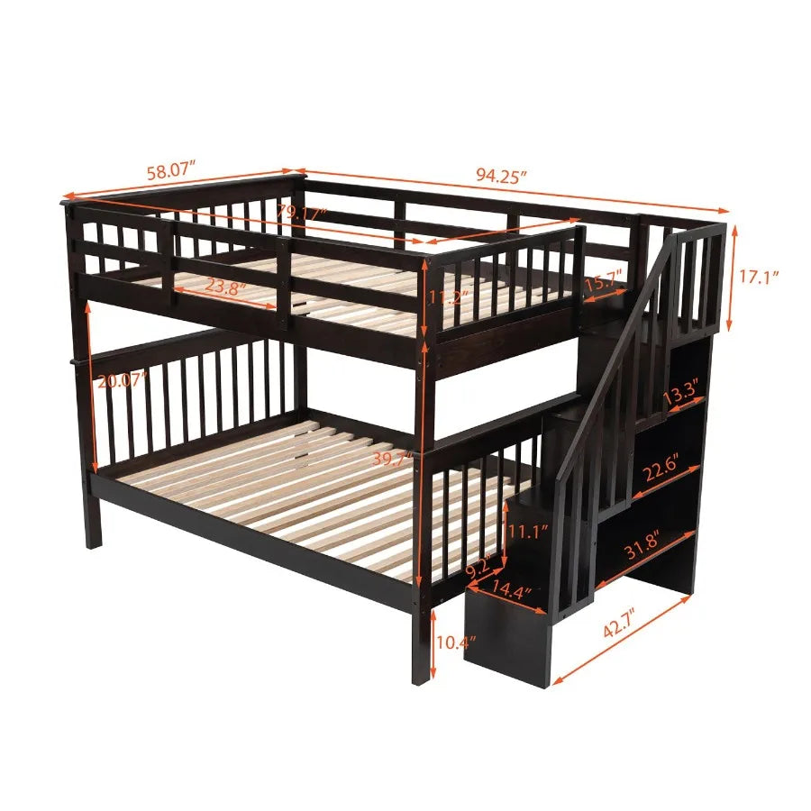 Stairway Full-Over-Full Bunk Bed with Storage and Guard Rail for Bedroom Dorm Espresso