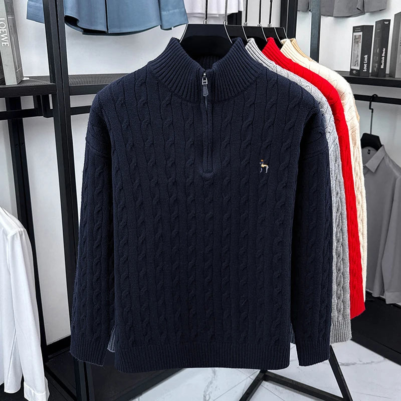 High end brand fashion jacquard sweater cartoon dog embroidery zipper semi high neck autumn winter warm men's knitted pullover