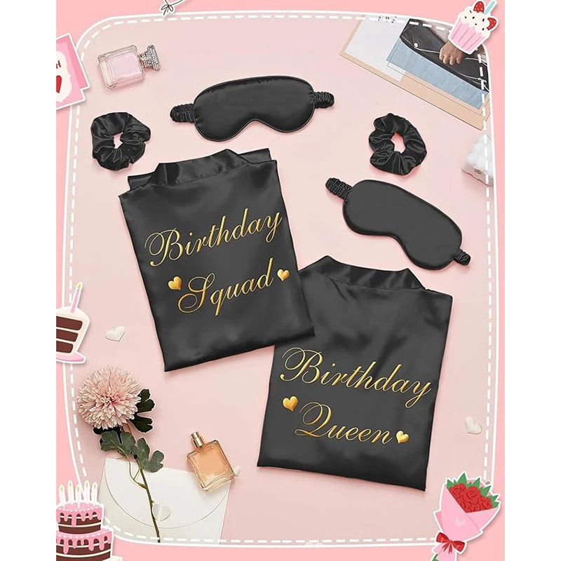 21 Pcs Women Birthday Party Robe Set Queen Squad Kimono Satin Bathrobes with Eye Mask and Scrunchie for Birthday