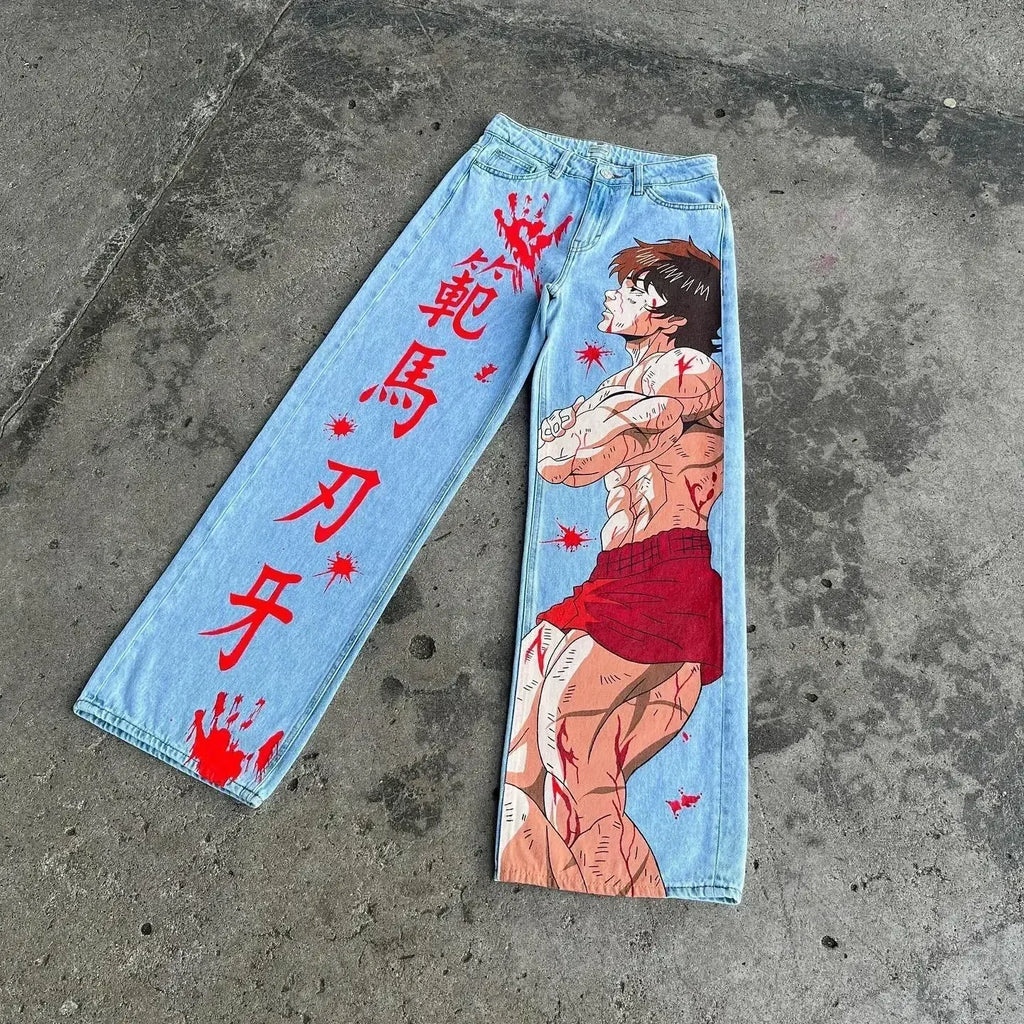 Harajuku high street y2k baggy jeans vintage wide leg denim pants popular anime jeans streetwear couples trouser men clothing