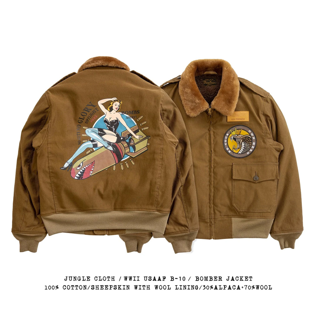 Red Tornado Type B-10 Bomber Flight Jacket With Patches Winter Mens Cropped Coat