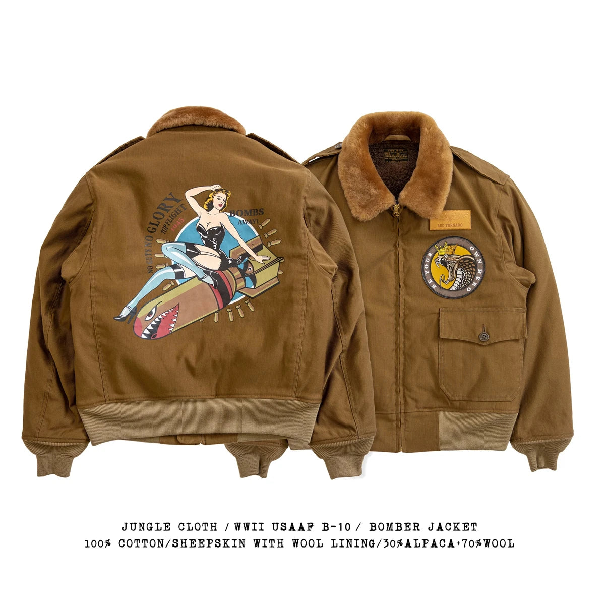 Red Tornado Type B-10 Bomber Flight Jacket With Patches Winter Mens Cropped Coat