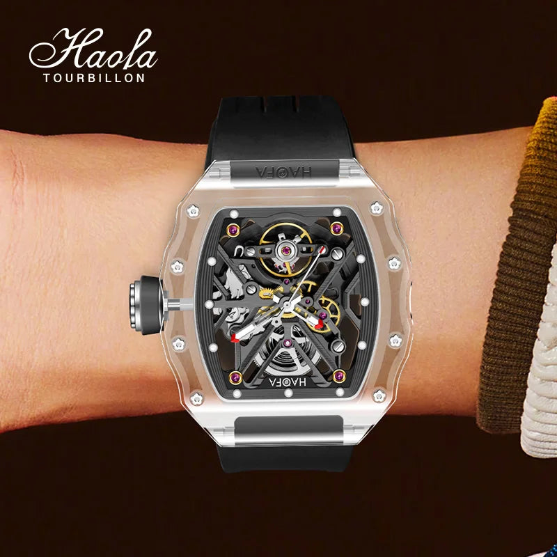Haofa Transparent Crystal Glass Case Men's Watch Fully Automatic Mechanical Movement Luminous Fashion Watches For Man 2202