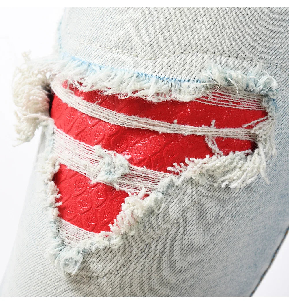Men's Snake Embroidery Skinny Jeans Streetwear Red Leather Patch Pants Holes Ripped Distressed Denim Tapered Trousers