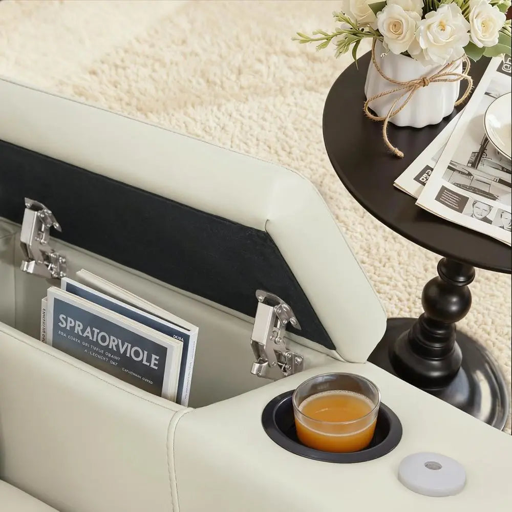 Power Recliner Chair with Lumbar Support, Armrest Storage, Tray Table, and Dual Charging Ports (Beige)