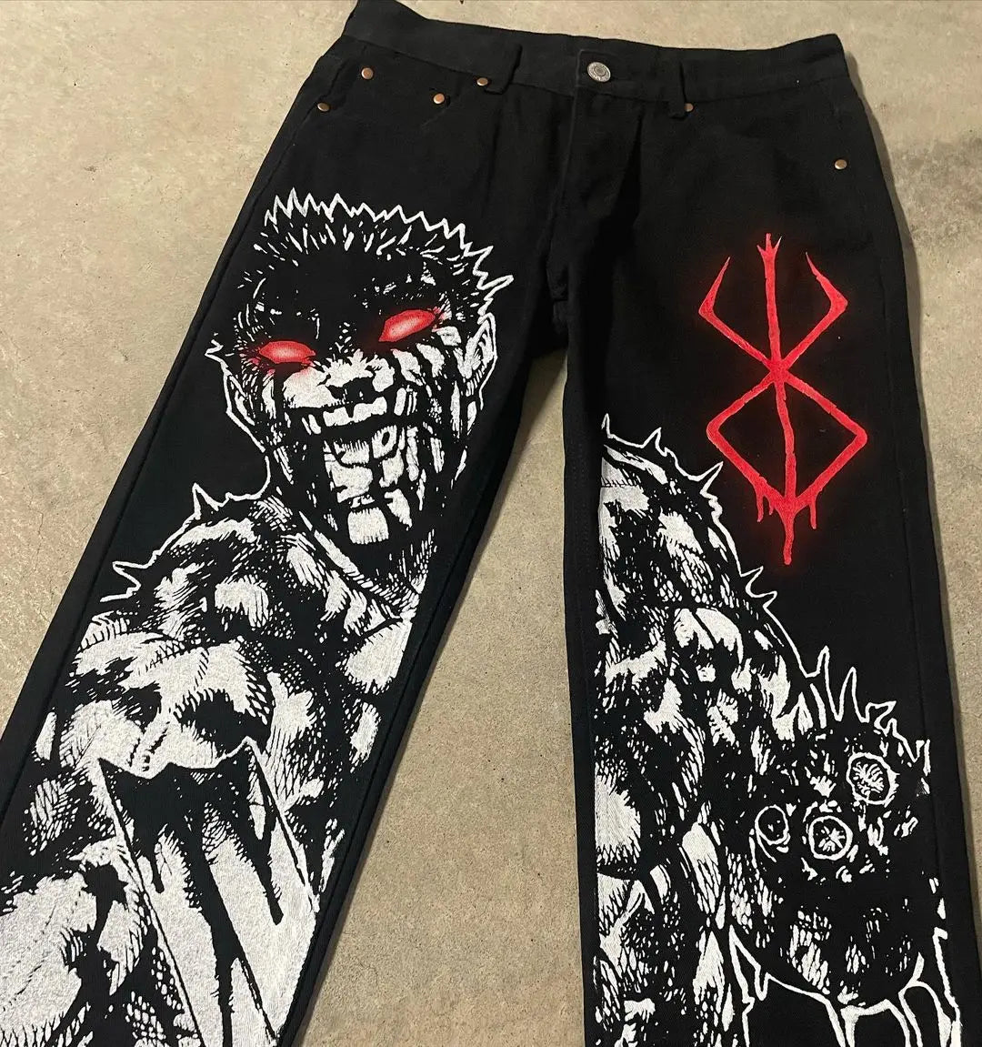 Streetwear Jeans Y2K Japanese Harajuku Hip Hop Graphic Print Baggy Jeans Black Pants Mens Gothic High Waist Wide Leg Trousers