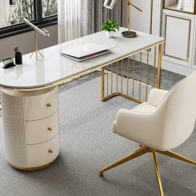 Modern White Executive Office Desk Wooden Computer Table with Gold Metal Legs Home Office Study Writing Workstation